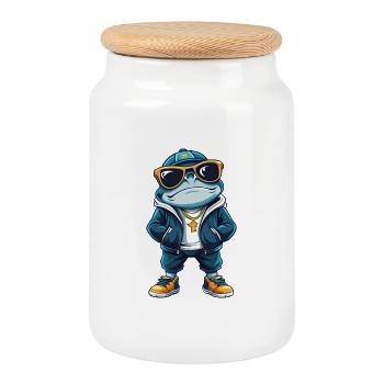 Frosch Cool Cartoon Figur Kawaii Clipart - Keksdose mit Holzdeckel - Weiß - Vorne