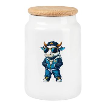 vache cool personnage de dessin animé Kawaii Clipart - Boîte à biscuits avec couvercle en bois - blanc - Devant