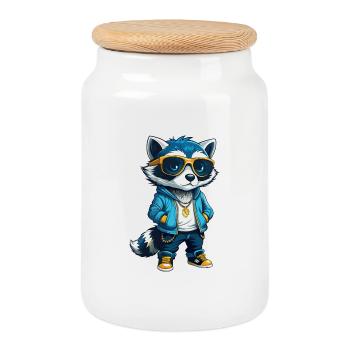 Raccoon Cool Cartoon Character Kawaii Clipart - Cookie Jar with Wooden Lid - white - Front