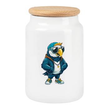 Parrot Cool Cartoon Character Kawaii Clipart - Cookie Jar with Wooden Lid - white - Front