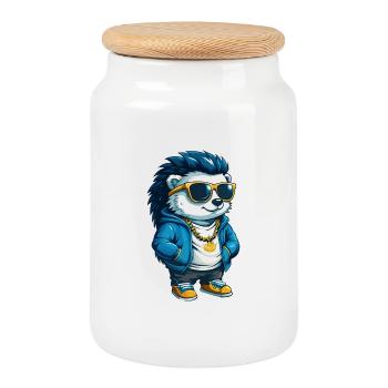 Hérisson cartoon cool avec des lunettes de soleil Hip Hop - Boîte à biscuits avec couvercle en bois - blanc - Devant
