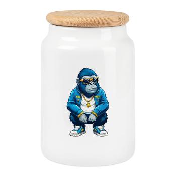 Gorilla Cool Cartoon Figur Kawaii Clipart - Keksdose mit Holzdeckel - Weiß - Vorne