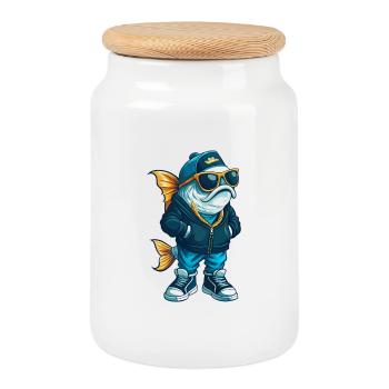 Fisch Cool Cartoon Figur Kawaii Clipart - Keksdose mit Holzdeckel - Weiß - Vorne