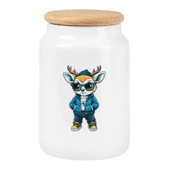 Deer Cool Cartoon Character Kawaii Clipart - Cookie Jar with Wooden Lid - white - Front