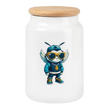 Biene Coole Zeichentrickfigur Kawaii Clipart - Keksdose mit Holzdeckel - Weiß - Vorne