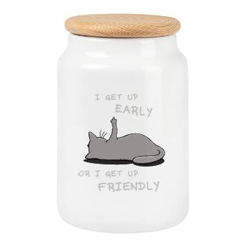 I get up early cat - Cookie Jar with Wooden Lid - white - Front