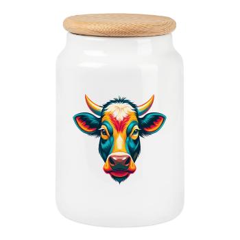 vache mignon kawaii dessin animé clipart visage d’animal - Boîte à biscuits avec couvercle en bois - blanc - Devant