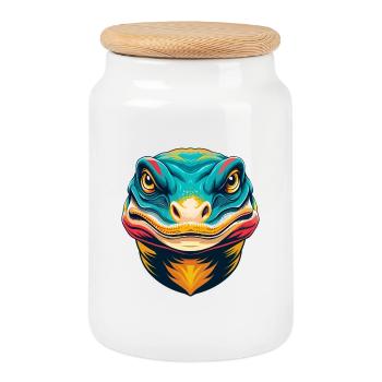 Komodo mignon kawaii dessin animé Clipart visage d’animal - Boîte à biscuits avec couvercle en bois - blanc - Devant