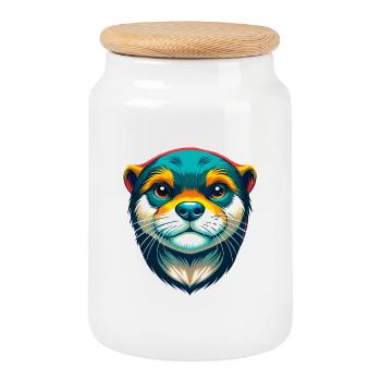 loutre mignon kawaii dessin animé clipart visage d’animal - Boîte à biscuits avec couvercle en bois - blanc - Devant