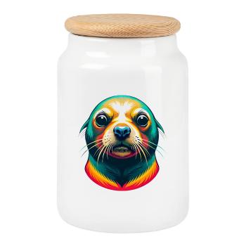 Seal Cute Kawaii Cartoon Clipart Animal Face - Cookie Jar with Wooden Lid - white - Front