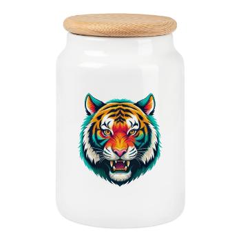 Tiger Cute Kawaii Cartoon Clipart Animal Face - Cookie Jar with Wooden Lid - white - Front