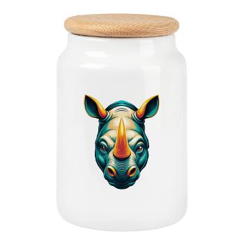 Rhino Cute Kawaii Cartoon Clipart Animal Face - Cookie Jar with Wooden Lid - white - Front