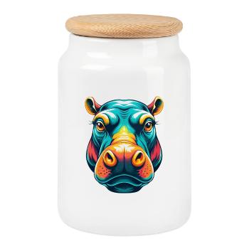 hippopotame mignon kawaii dessin animé clipart visage d’animal - Boîte à biscuits avec couvercle en bois - blanc - Devant