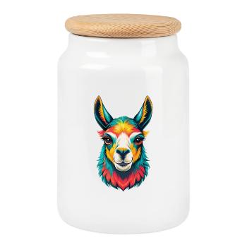 Llama Cute Kawaii Cartoon Clipart Animal Face - Cookie Jar with Wooden Lid - white - Front