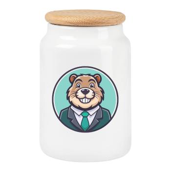 Biber Kawaii Cartoon Figur Tier Haustier Gesicht - Keksdose mit Holzdeckel - Weiß - Vorne
