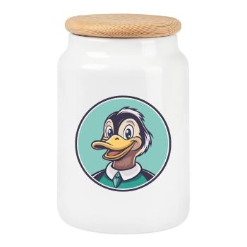 Duck Kawaii Cartoon Character Animal Pet Face - Cookie Jar with Wooden Lid - white - Front