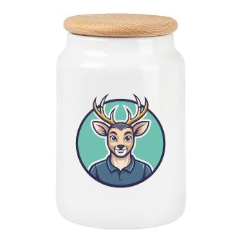 Deer Kawaii Cartoon Character Animal Pet Face - Cookie Jar with Wooden Lid - white - Front