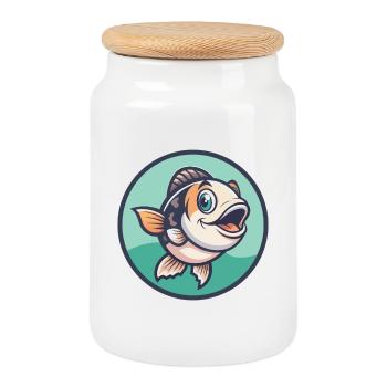 Fish Kawaii Cartoon Character Animal Pet Face - Cookie Jar with Wooden Lid - white - Front