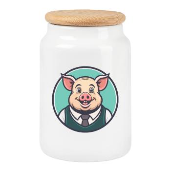 Pig Kawaii Cartoon Character Animal Pet Face - Cookie Jar with Wooden Lid - white - Front