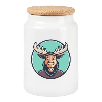 Moose Kawaii Cartoon Character Animal Pet Face - Cookie Jar with Wooden Lid - white - Front