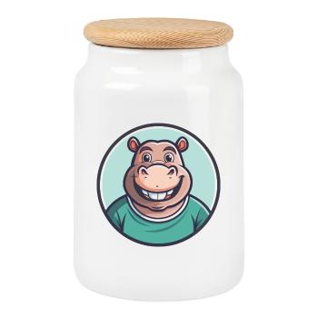 hippopotame kawaii dessin animé personnage animal visage d’animal de compagnie - Boîte à biscuits avec couvercle en bois - blanc - Devant