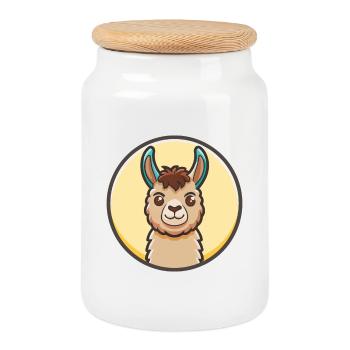 Llama Kawaii Cartoon Character Animal Pet Face - Cookie Jar with Wooden Lid - white - Front