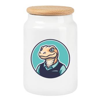 Komodo Kawaii Cartoon Character Animal Pet Face - Cookie Jar with Wooden Lid - white - Front