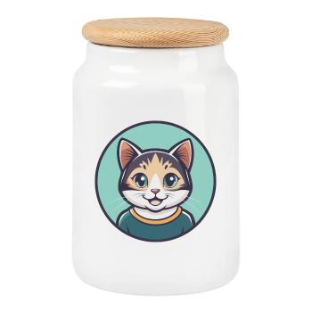 Cat Kawaii Cartoon Character Animal Pet Face - Cookie Jar with Wooden Lid - white - Front