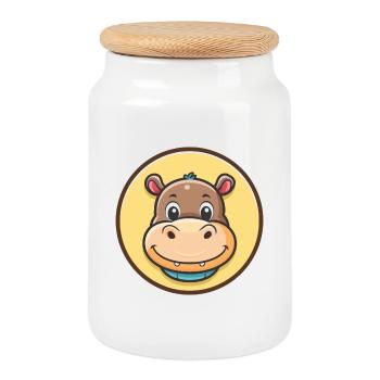 hippopotame kawaii dessin animé personnage animal visage d’animal de compagnie - Boîte à biscuits avec couvercle en bois - blanc - Devant