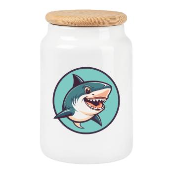 Shark Kawaii Cartoon Character Animal Pet Face - Cookie Jar with Wooden Lid - white - Front