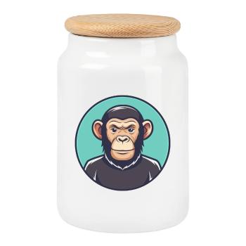 Chimpanzee Kawaii Cartoon Character Animal Face - Cookie Jar with Wooden Lid - white - Front