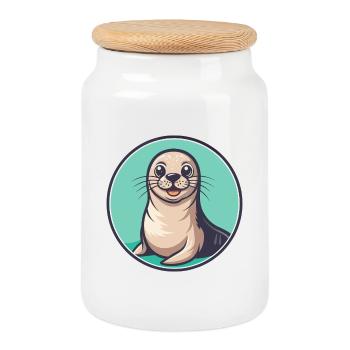 Seal Kawaii Cartoon Character Animal Pet Face - Cookie Jar with Wooden Lid - white - Front