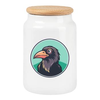corbeau kawaii dessin animé personnage animal visage d’animal de compagnie - Boîte à biscuits avec couvercle en bois - blanc - Devant