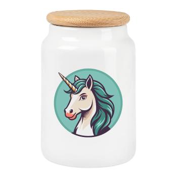 Licorne Kawaii Dessin animé Personnage Animal Animal Visage - Boîte à biscuits avec couvercle en bois - blanc - Devant