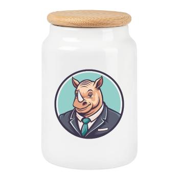 Rhino Kawaii Cartoon Character Animal Pet Face - Cookie Jar with Wooden Lid - white - Front