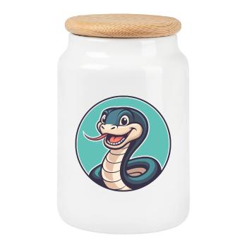 Snake Kawaii Cartoon Character Animal Pet Face - Cookie Jar with Wooden Lid - white - Front