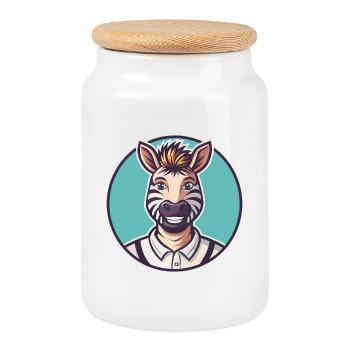 Zebra Kawaii Cartoon Character Animal Pet Face - Cookie Jar with Wooden Lid - white - Front