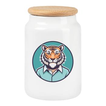 Tigre Kawaii Dessin animé Personnage Animal Animal Visage - Boîte à biscuits avec couvercle en bois - blanc - Devant