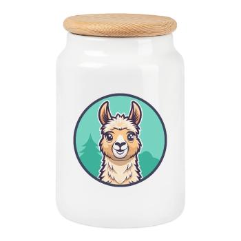 Llama Kawaii Cartoon Character Animal Pet Face - Cookie Jar with Wooden Lid - white - Front