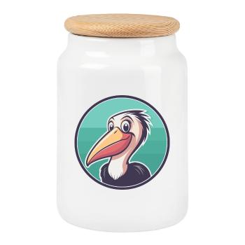 Pelican Kawaii Cartoon Character Animal Pet Face - Cookie Jar with Wooden Lid - white - Front