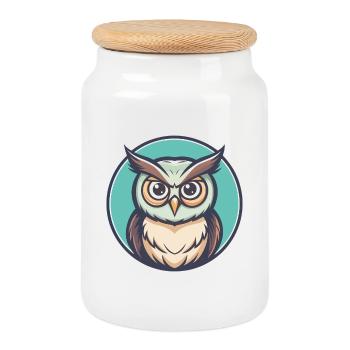 Owl Kawaii Cartoon Character Animal Pet Face - Cookie Jar with Wooden Lid - white - Front