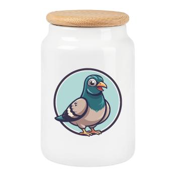 Pigeon Kawaii Cartoon Character Animal Pet Face - Cookie Jar with Wooden Lid - white - Front