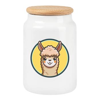 Alpaca Kawaii Cartoon Character Animal Pet Face - Cookie Jar with Wooden Lid - white - Front