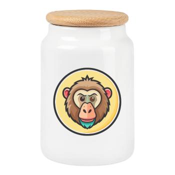 Baboon Kawaii Cartoon Character Animal Pet Face - Cookie Jar with Wooden Lid - white - Front