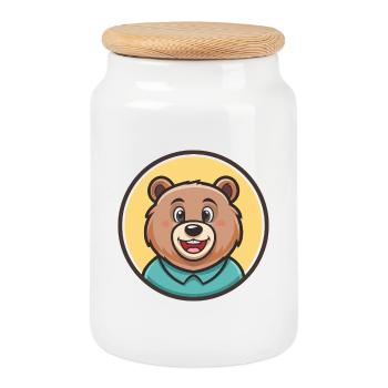 Bear Kawaii Cartoon Character Animal Pet Face - Cookie Jar with Wooden Lid - white - Front