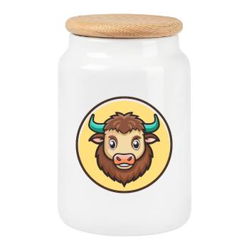 buffle kawaii dessin animé personnage animal visage d’animal de compagnie - Boîte à biscuits avec couvercle en bois - blanc - Devant