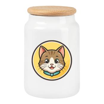 Cat Kawaii Cartoon Character Animal Pet Face - Cookie Jar with Wooden Lid - white - Front