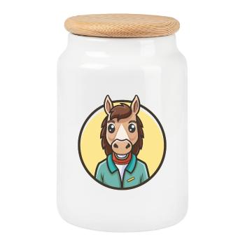 Horse Kawaii Cartoon Character Animal Pet Face - Cookie Jar with Wooden Lid - white - Front