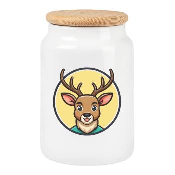 Deer Kawaii Cartoon Character Animal Pet Face - Cookie Jar with Wooden Lid - white - Front