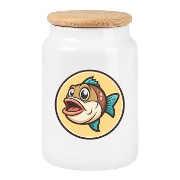Fish Kawaii Cartoon Character Animal Pet Face - Cookie Jar with Wooden Lid - white - Front